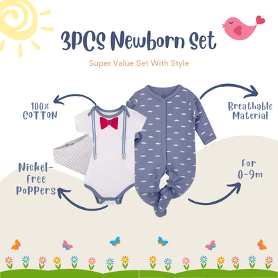 Hudson Baby Bodysuit Sleepsuit Bib 3 Piece Layette Set 01000CH Gentleman - Little Kooma