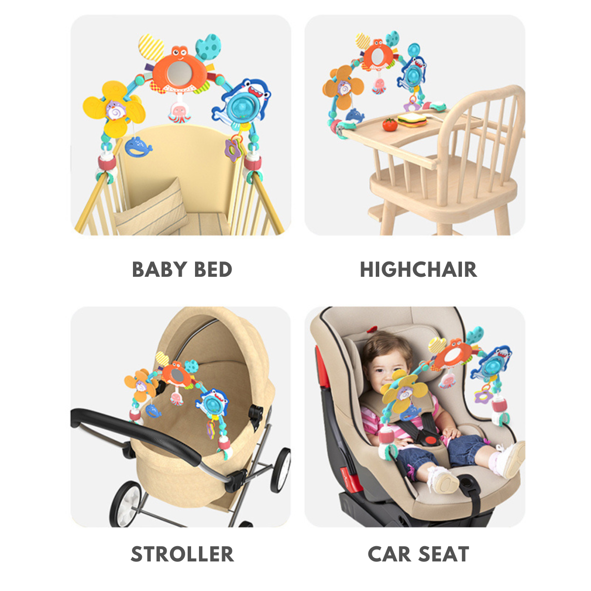 Newborn Baby Toy Crib Mobile, Hanging 0-1 Year Old Car Seat Safety Chair Soothing Infant Toy, Educational Stroller Toy Pendant with 6 Features - Little Kooma