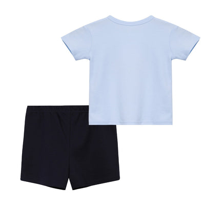 Baby Boy Bulldozer Blue Top n Dark Blue Shorts Set - Little Kooma