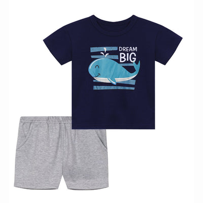Baby Boy Whale Dark Blue Top n Grey Shorts Set - Little Kooma