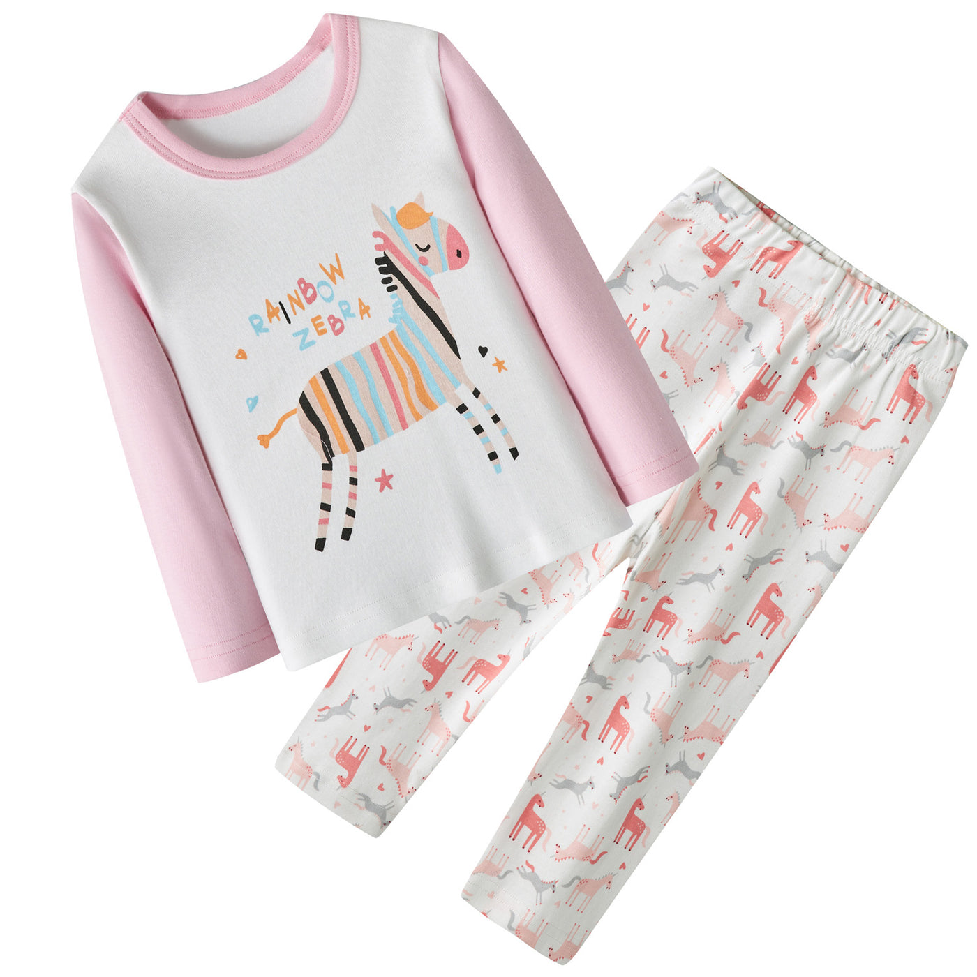 Baby Kids Pajamas Rainbow Zebra Printed Top w Pink Horse Prints Pants Set - Little Kooma