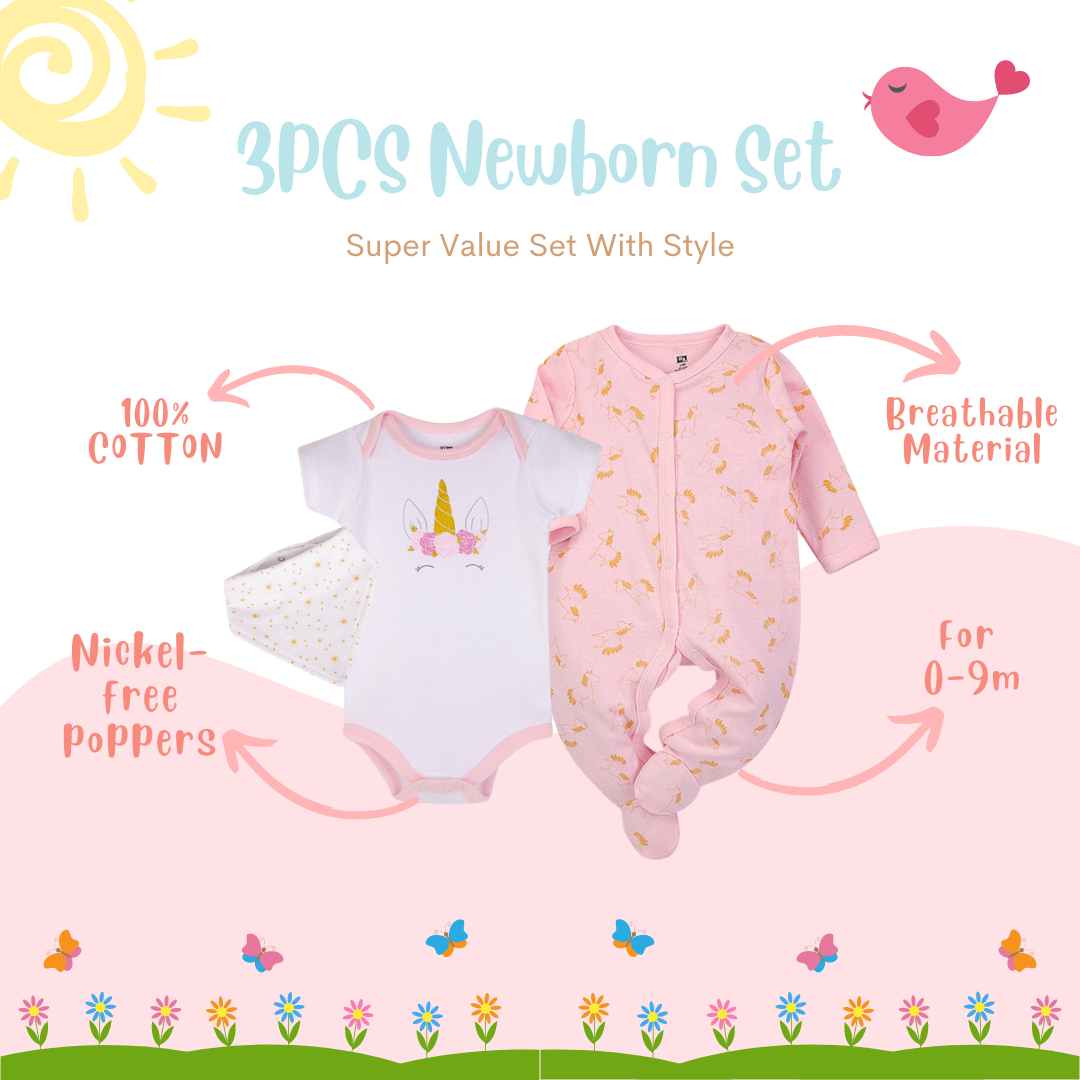 Hudson Baby Bodysuit Sleepsuit Bib 3 Piece Layette Set 00986CH Gold/Pink Unicorn - Little Kooma