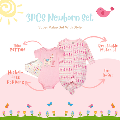 Luvable Friends Baby Bodysuit Sleepsuit Bib 3 Piece Layette Set 72322CH Llama Love - Little Kooma