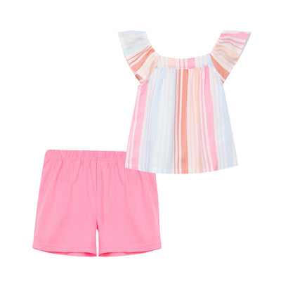 Baby Girl Ruffled Pink Stripe Top n Shorts Set - Little Kooma