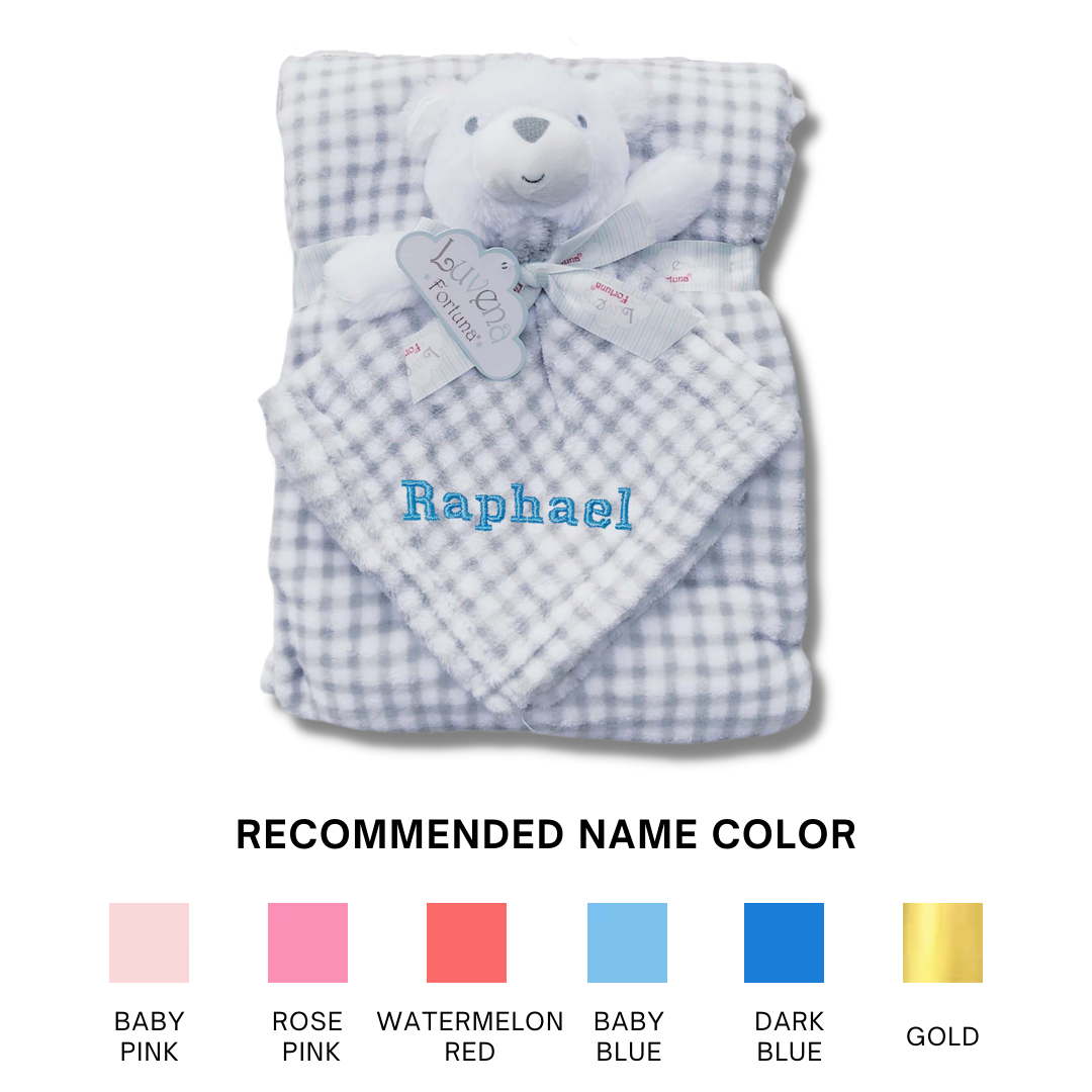 Personalised Customized Luvena Fortuna Plush Blanket n Security Blanket Set Grey Plaid Bear S19633 - Little Kooma