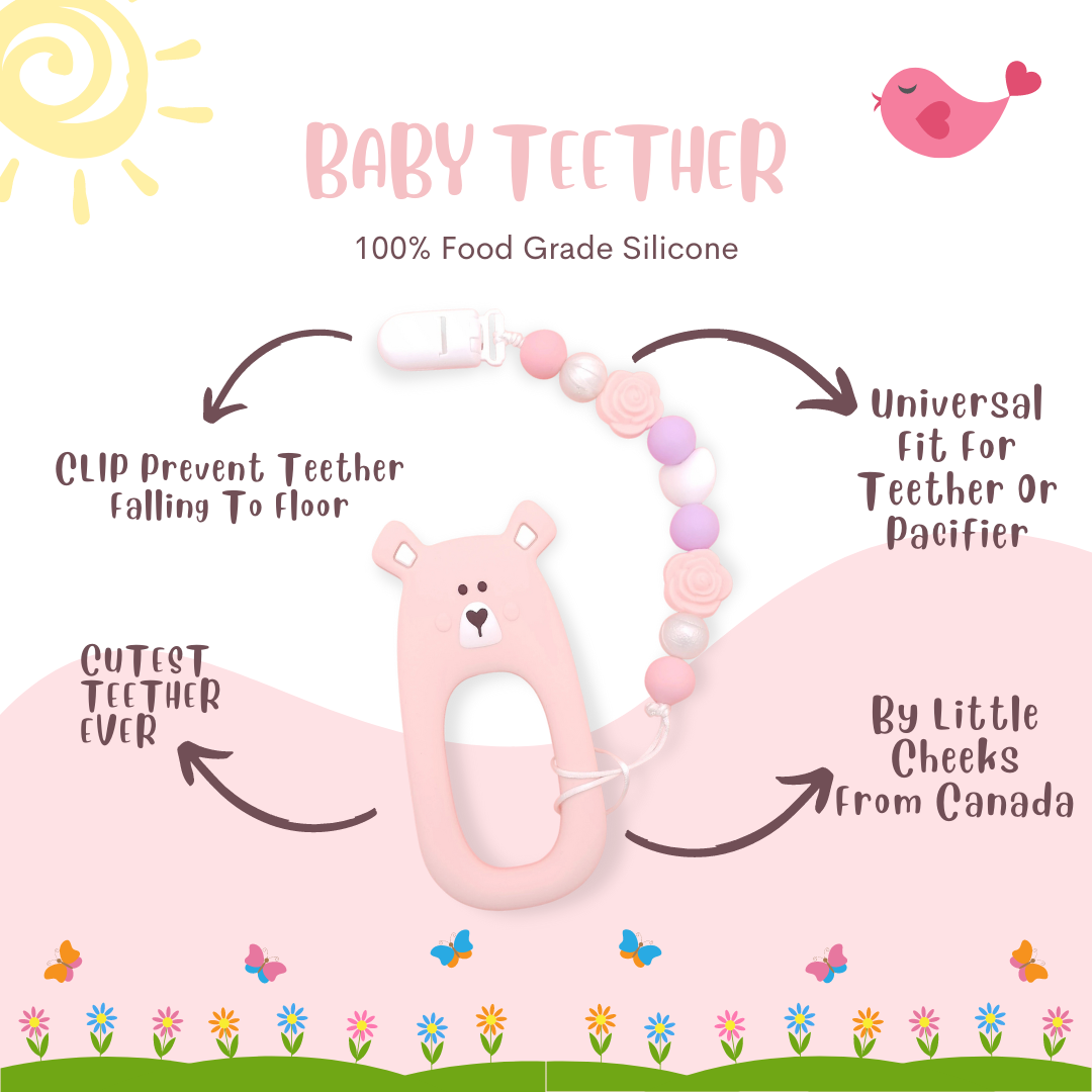 Baby Teether Set Pink Bear Silicone Teether Set By Little Cheeks - Little Kooma