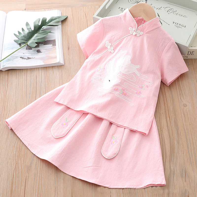 [KG08] Kids Girls Cheongsam Set Top n Skirt Embroidered Bunny CNY Chinese New Year Outfit - Little Kooma