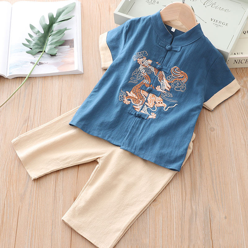 [KB07] Kids Boys Cheongsam Set Top n Shorts Embroidered Dragon n Auspicious Clouds CNY Chinese New Year Outfit - Little Kooma