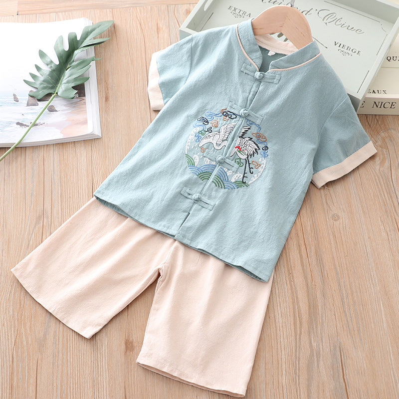 [KB06] Kids Boys Cheongsam Set Top n Shorts Embroidered Crane n Circle Auspicious Clouds CNY Chinese New Year Outfit - Little Kooma