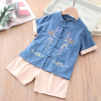 [KB03] Kids Boys Cheongsam Set Top n Shorts Blue Embroidered Dragons CNY Chinese New Year Outfit - Little Kooma