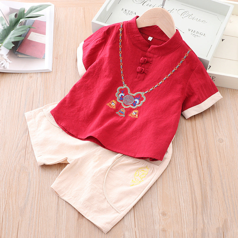 [KB01] Kids Boys Cheongsam Set Top n Shorts Embroidered Ruyi Lock CNY Chinese New Year Outfit - Little Kooma