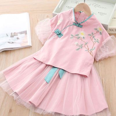 [KG07] Kids Girls Voile Cheongsam Set Top n Skirt Embroidered Peony CNY Chinese New Year Outfit - Little Kooma