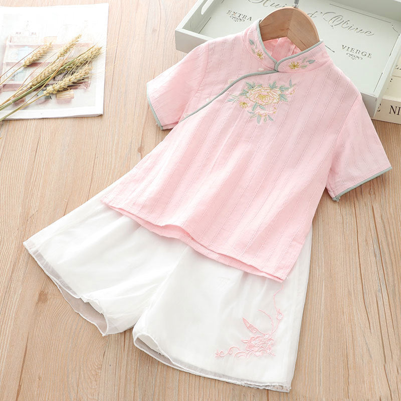 [KG16] Kids Girls Cheongsam 2 Piece Set Top n Voile Shorts CNY Chinese New Year Outfit - Little Kooma