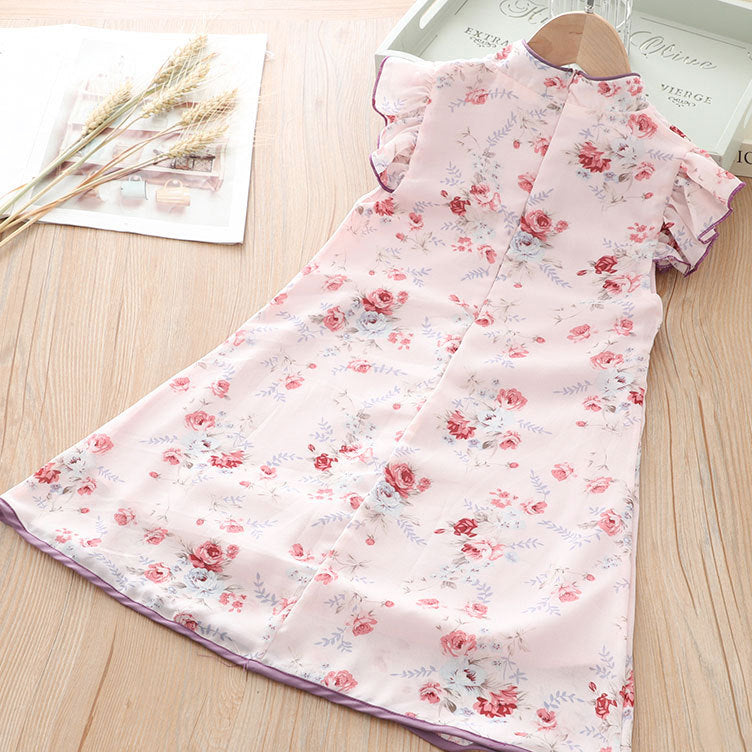 [KG10] Kids Girls Voile Floral Cheongsam Dress Ruffled Sleeves CNY Chinese New Year Outfit - Little Kooma