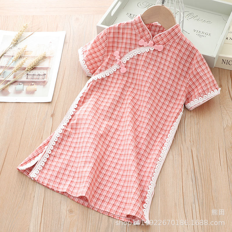 [KG01] Kids Girls Lace Trim Plaid Cheongsam Dress n Sling Bag CNY Chinese New Year Outfit - Little Kooma