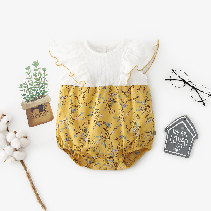 [ZBG10] Baby Girl Splicing Floral Bodysuit Ruffled Sleeves Little Flowers - Little Kooma
