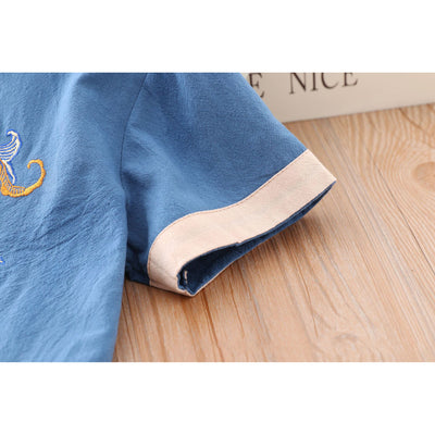 [KB03] Kids Boys Cheongsam Set Top n Shorts Blue Embroidered Dragons CNY Chinese New Year Outfit - Little Kooma