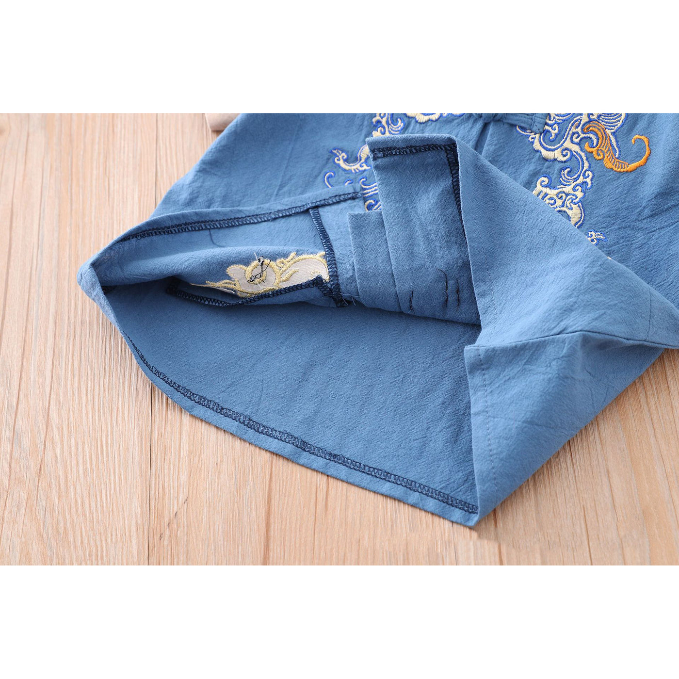 [KB03] Kids Boys Cheongsam Set Top n Shorts Blue Embroidered Dragons CNY Chinese New Year Outfit - Little Kooma
