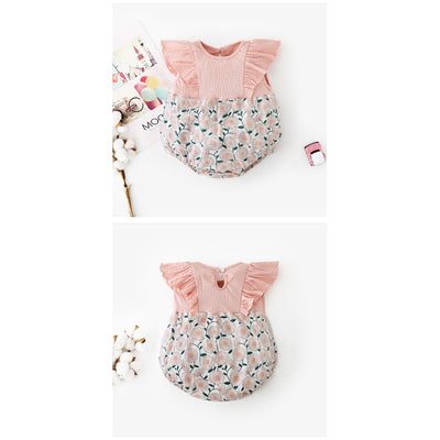 [ZBG13] Baby Girl Splicing Floral Bodysuit Ruffled Sleeves White Chrysanthemum - Little Kooma
