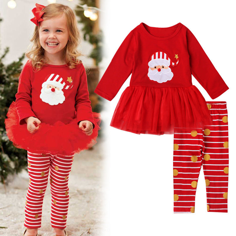 Girl's Christmas Outfit Red Voile Dress n Striped Pants 2 Piece Set - 1125 - Little Kooma