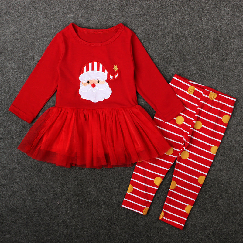 Girl's Christmas Outfit Red Voile Dress n Striped Pants 2 Piece Set - 1125 - Little Kooma