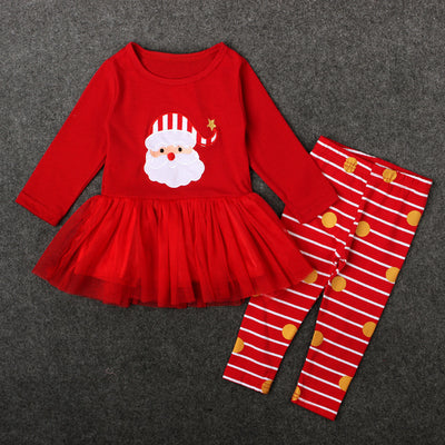 Girl's Christmas Outfit Red Voile Dress n Striped Pants 2 Piece Set - 1125 - Little Kooma