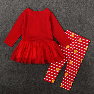 Girl's Christmas Outfit Red Voile Dress n Striped Pants 2 Piece Set - 1125 - Little Kooma