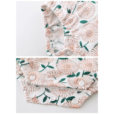 [ZBG13] Baby Girl Splicing Floral Bodysuit Ruffled Sleeves White Chrysanthemum - Little Kooma