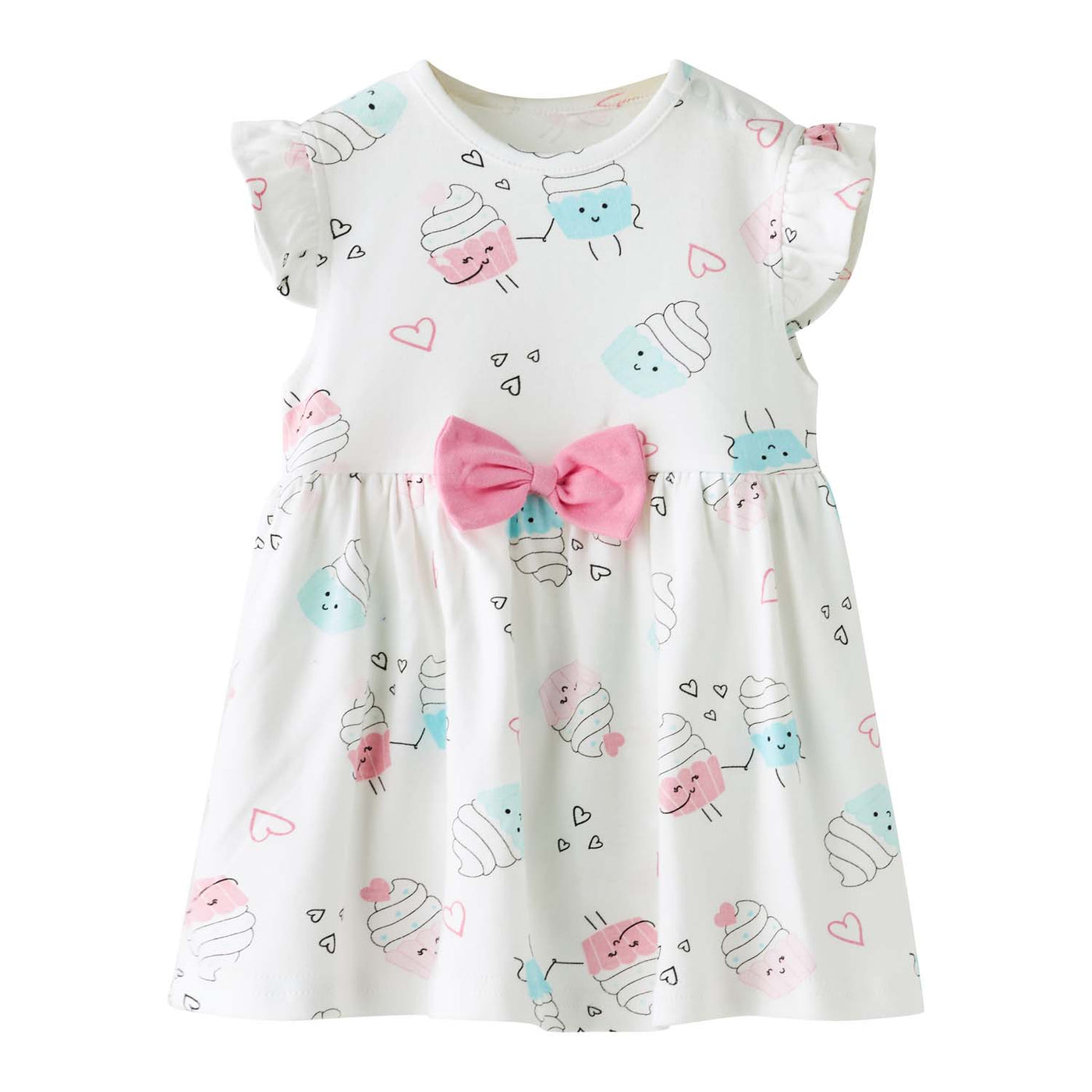 Baby Girl Ruffled Sleeves White w Cupcakes Bodysuit Dress Pink Bowtie - Little Kooma