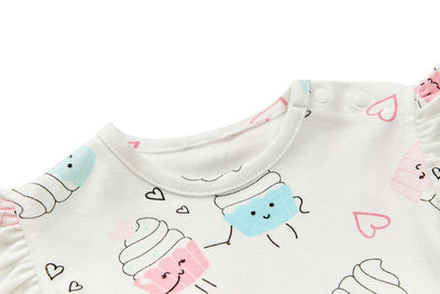 Baby Girl Ruffled Sleeves White w Cupcakes Bodysuit Dress Pink Bowtie - Little Kooma
