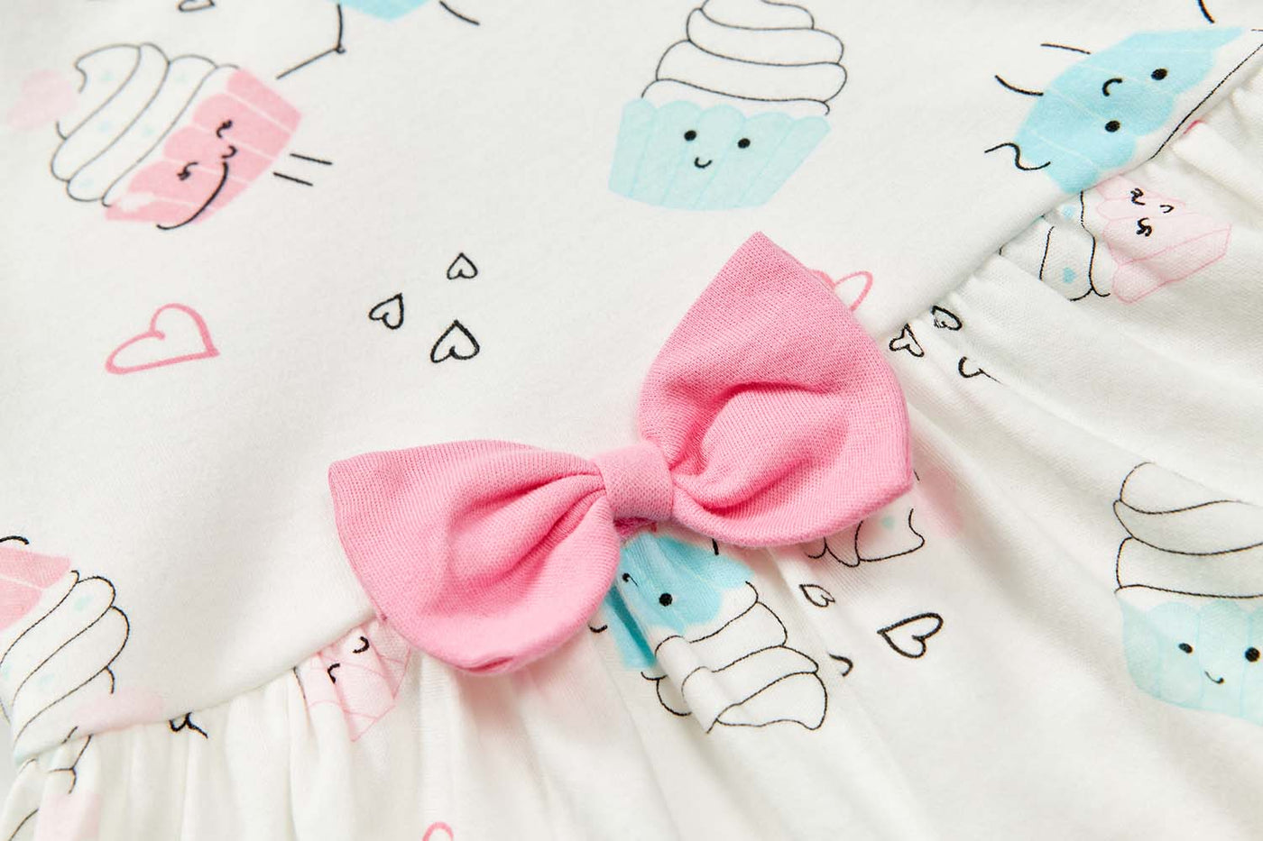 Baby Girl Ruffled Sleeves White w Cupcakes Bodysuit Dress Pink Bowtie - Little Kooma