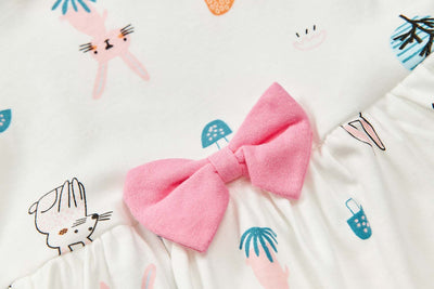 Baby Girl Ruffled Sleeves White w Bunnies Bodysuit Dress Pink Bowtie - Little Kooma