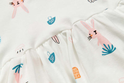 Baby Girl Ruffled Sleeves White w Bunnies Bodysuit Dress Pink Bowtie - Little Kooma