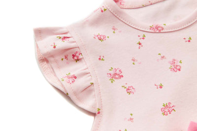 Baby Girl Ruffled Sleeves Pink w Roses Bodysuit Dress Pink Bowtie - Little Kooma