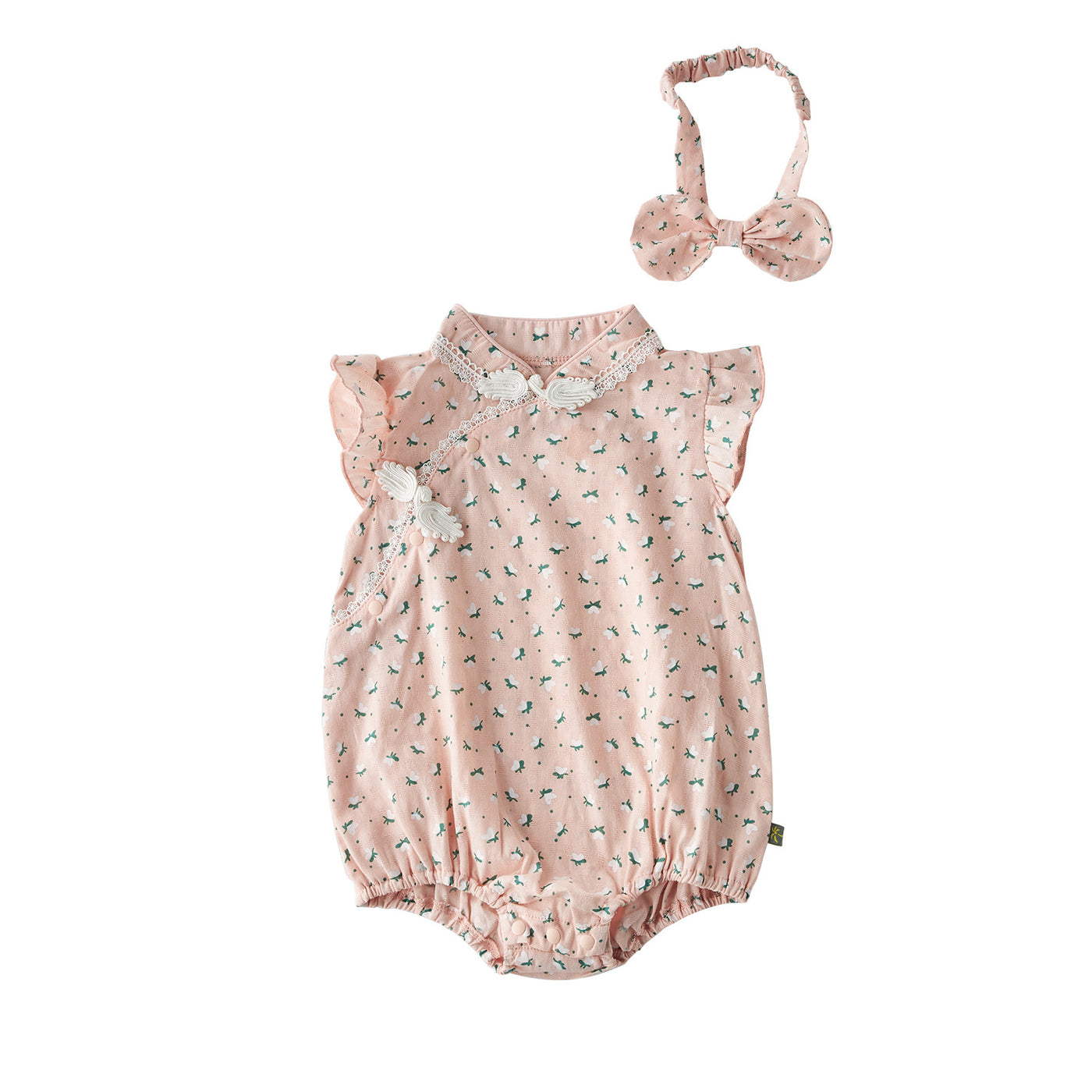 [Pre-order] Baby Girl Ruffled Sleeves Hearts Floral Prints Cheongsam Bodysuit n Headwrap 2pc Set - Little Kooma