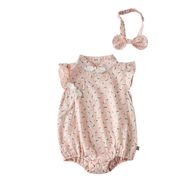 [Pre-order] Baby Girl Ruffled Sleeves Hearts Floral Prints Cheongsam Bodysuit n Headwrap 2pc Set - Little Kooma