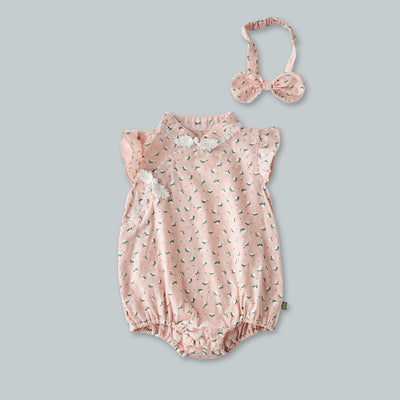 Baby Girl Ruffled Sleeves Hearts Floral Prints Cheongsam Bodysuit n Headwrap 2pc Set - Little Kooma