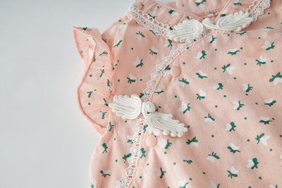 Baby Girl Ruffled Sleeves Hearts Floral Prints Cheongsam Bodysuit n Headwrap 2pc Set - Little Kooma
