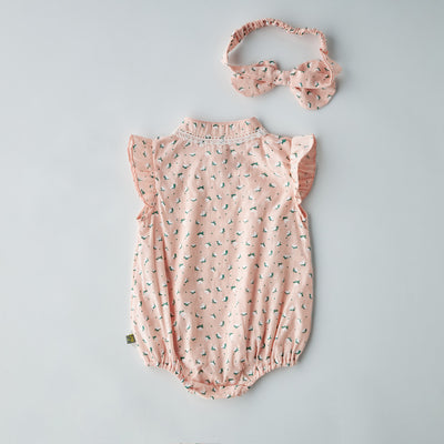 Baby Girl Ruffled Sleeves Hearts Floral Prints Cheongsam Bodysuit n Headwrap 2pc Set - Little Kooma