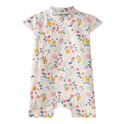 [BG02] Baby Girl Cheongsam Romper Pink n Yellow Flowers - Little Kooma