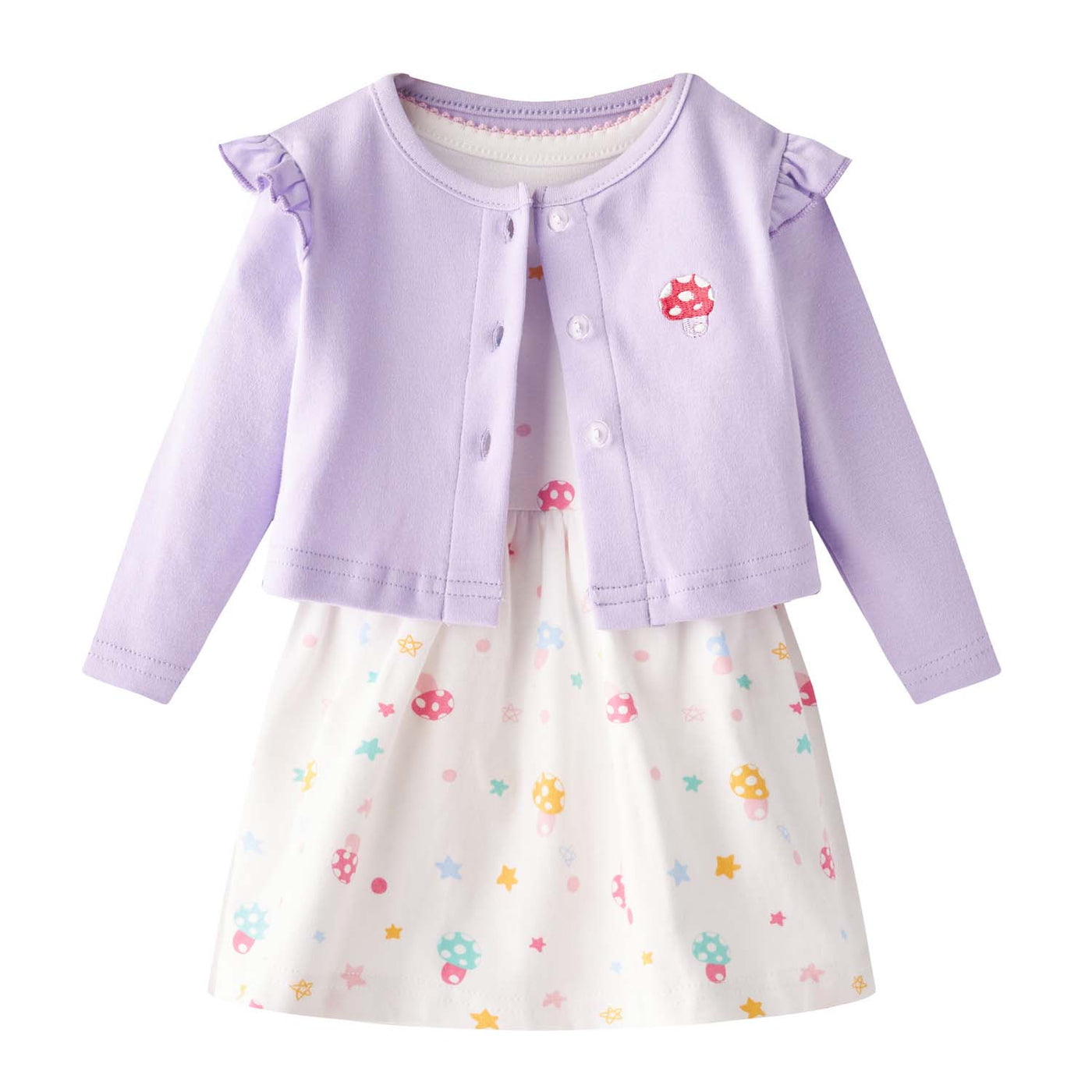 [ZBG01] Baby Girl White w Mushroom Bodysuit Dress n Purple Ruffled Cardigan 2 Pc Set - Little Kooma
