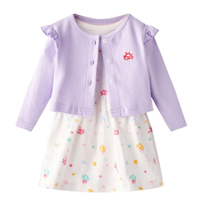 [ZBG01] Baby Girl White w Mushroom Bodysuit Dress n Purple Ruffled Cardigan 2 Pc Set - Little Kooma