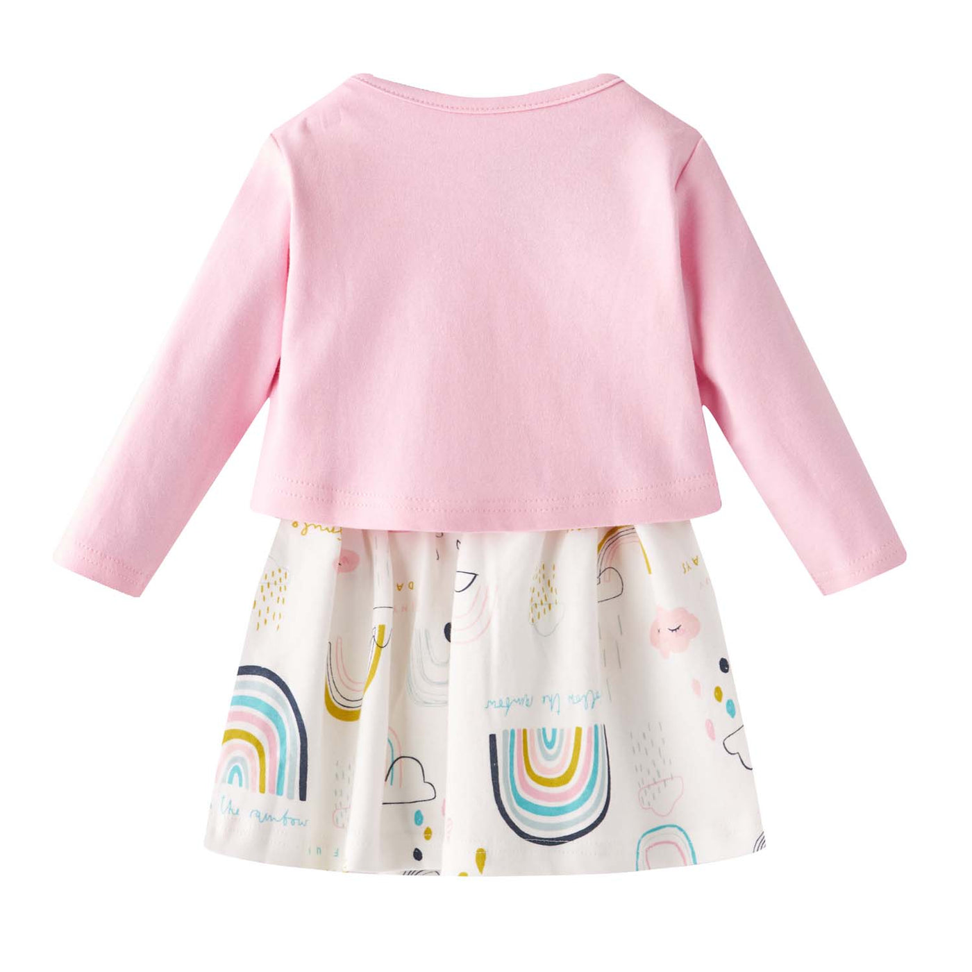 [ZBG03] Baby Girl White w Clouds Sun Rainbow Bodysuit Dress n Pink Cardigan 2 Pc Set - Little Kooma