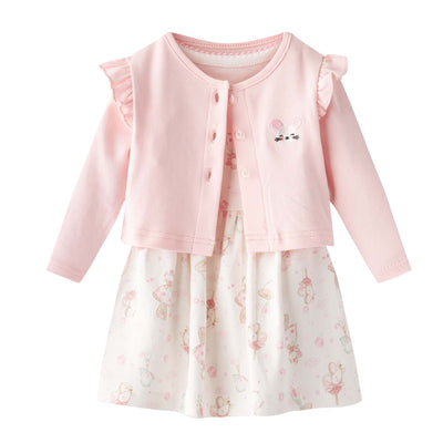 [ZBG06] Baby Girl White w Mouse Bodysuit Dress n Pink Ruffled Cardigan 2 Pc Set - Little Kooma