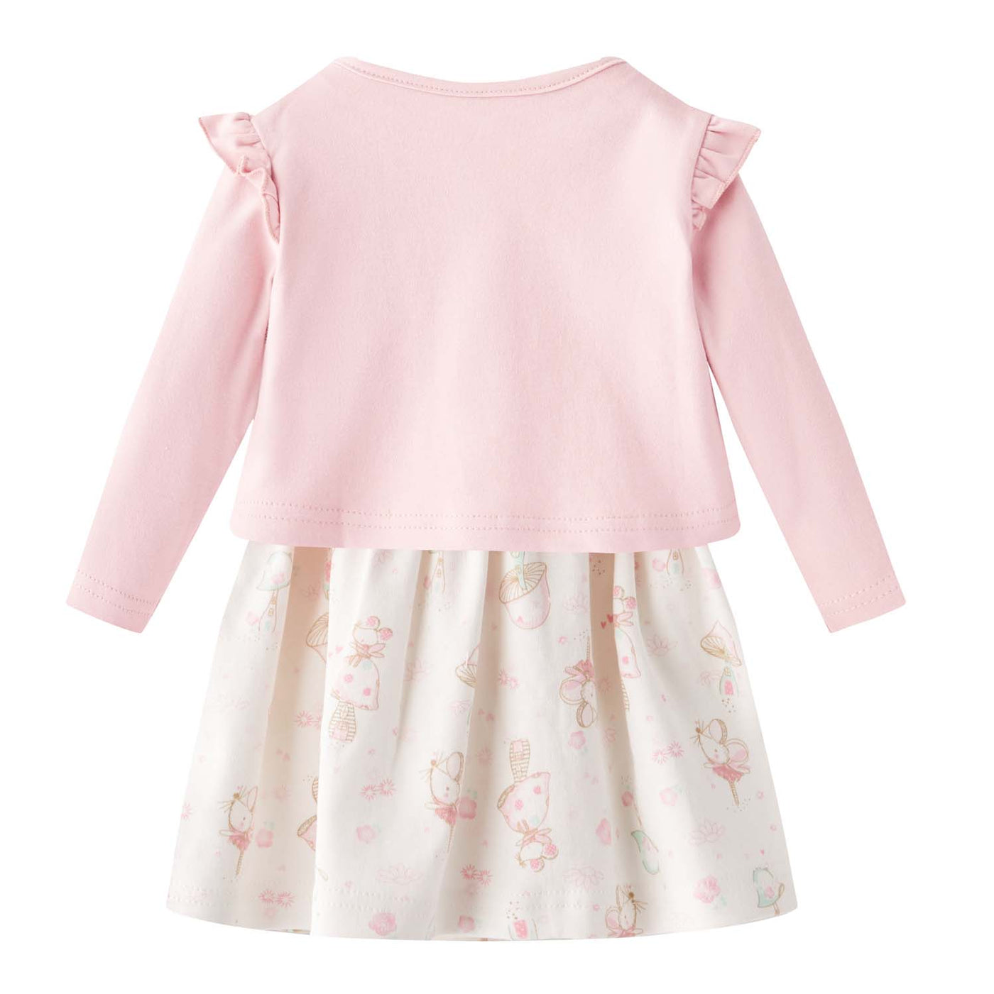 [ZBG06] Baby Girl White w Mouse Bodysuit Dress n Pink Ruffled Cardigan 2 Pc Set - Little Kooma