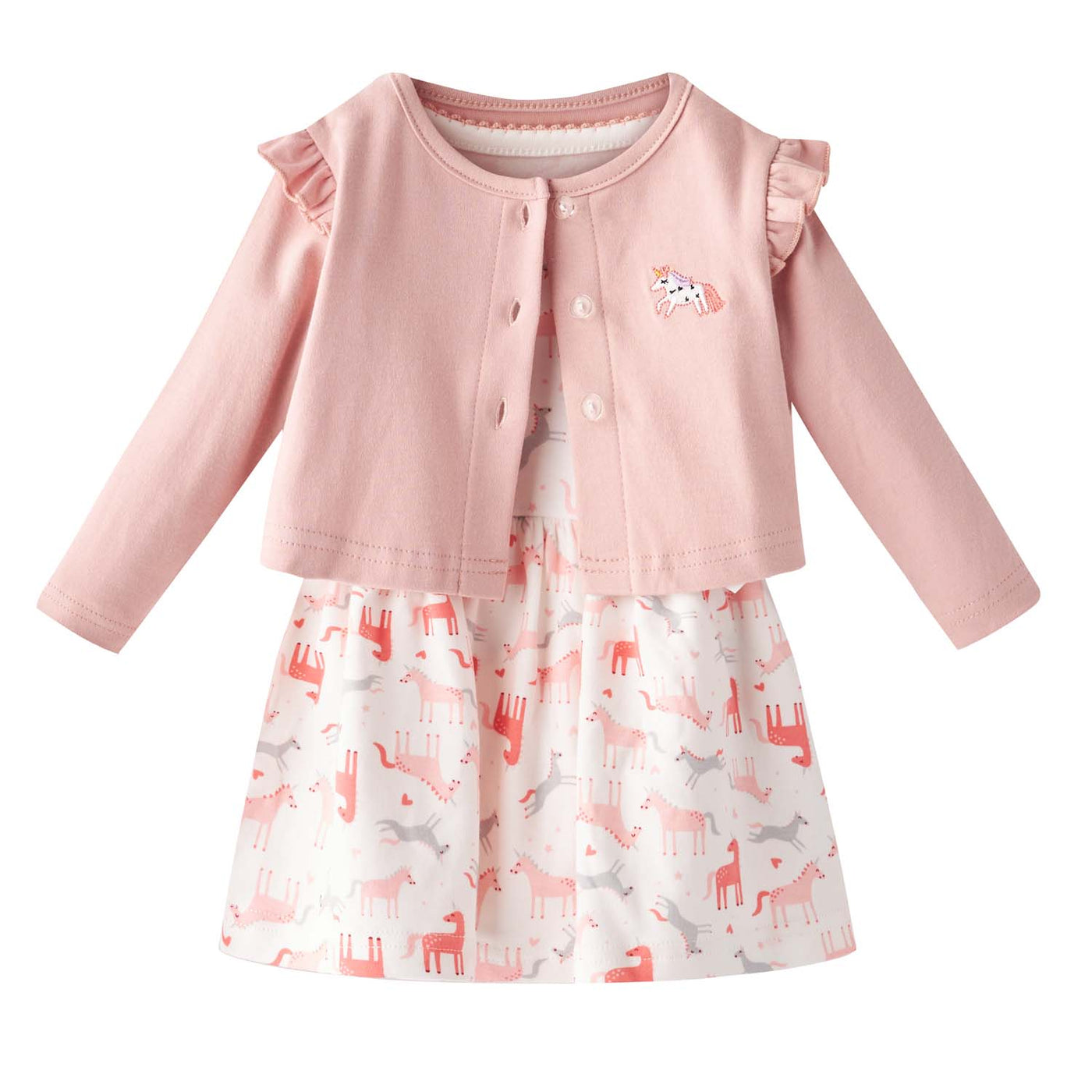 [ZBG02] Baby Girl White w Unicorn Bodysuit Dress n Pink Ruffled Cardigan 2 Pc Set - Little Kooma