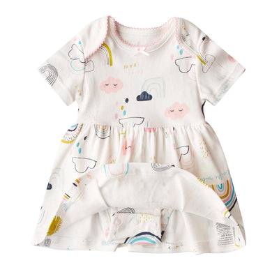 [ZBG03] Baby Girl White w Clouds Sun Rainbow Bodysuit Dress n Pink Cardigan 2 Pc Set - Little Kooma