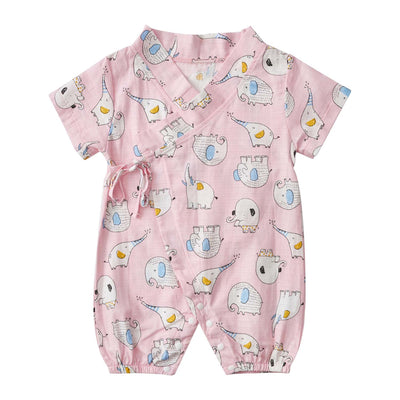 Baby Breathable Cotton Gauze Fabric Kimono Romper Pink w Elephants - Little Kooma