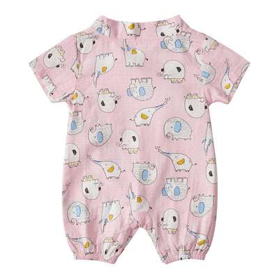 Baby Breathable Cotton Gauze Fabric Kimono Romper Pink w Elephants - Little Kooma
