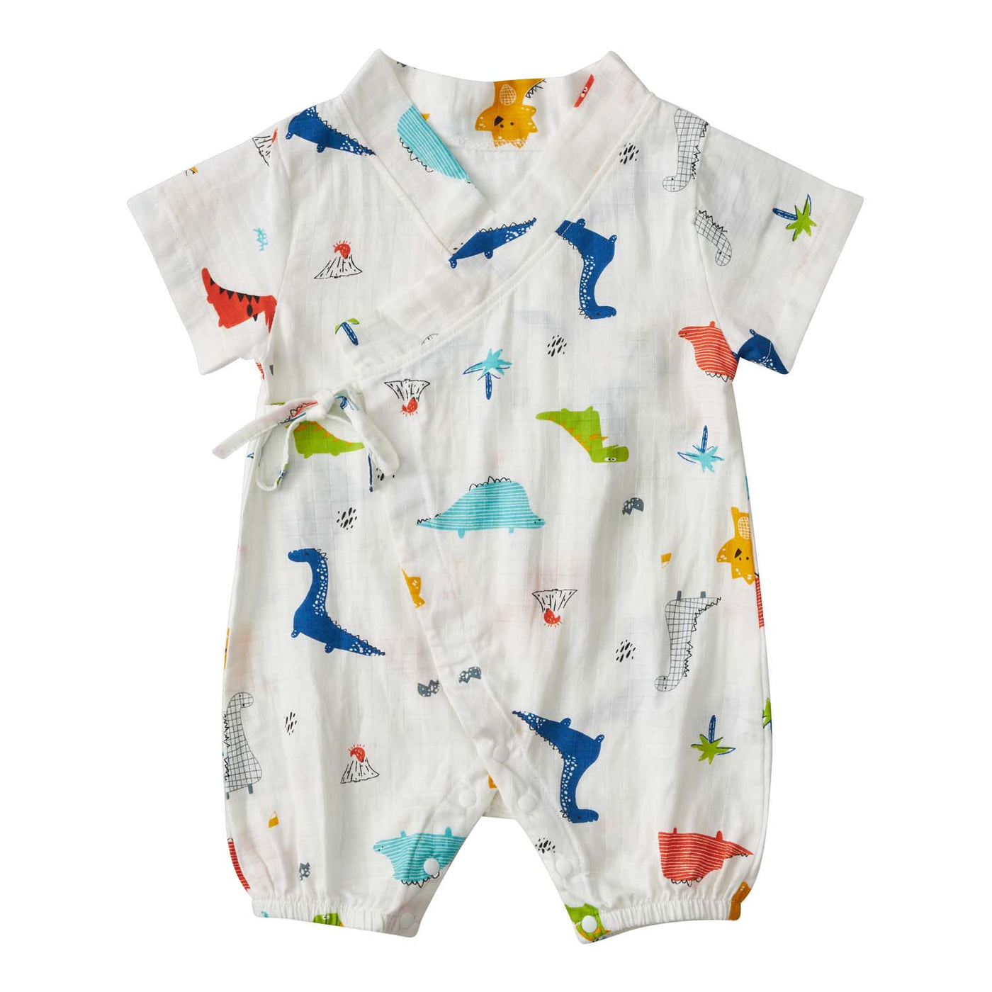 Baby Breathable Cotton Gauze Fabric Kimono Romper White w Dinosaurs - Little Kooma